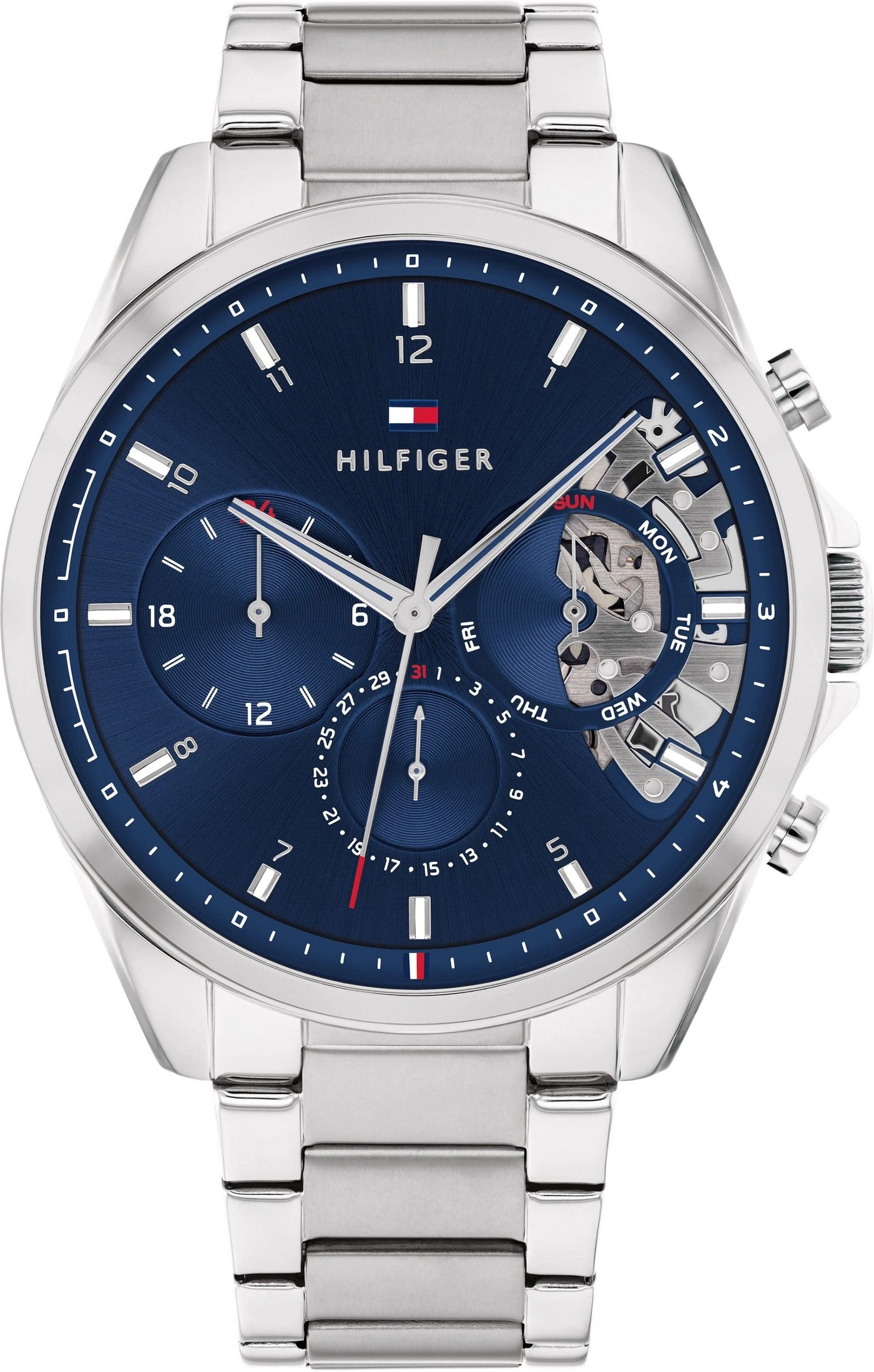 Tommy Hilfiger Herrenuhr mit blauem Zifferblatt und silbernem Armband