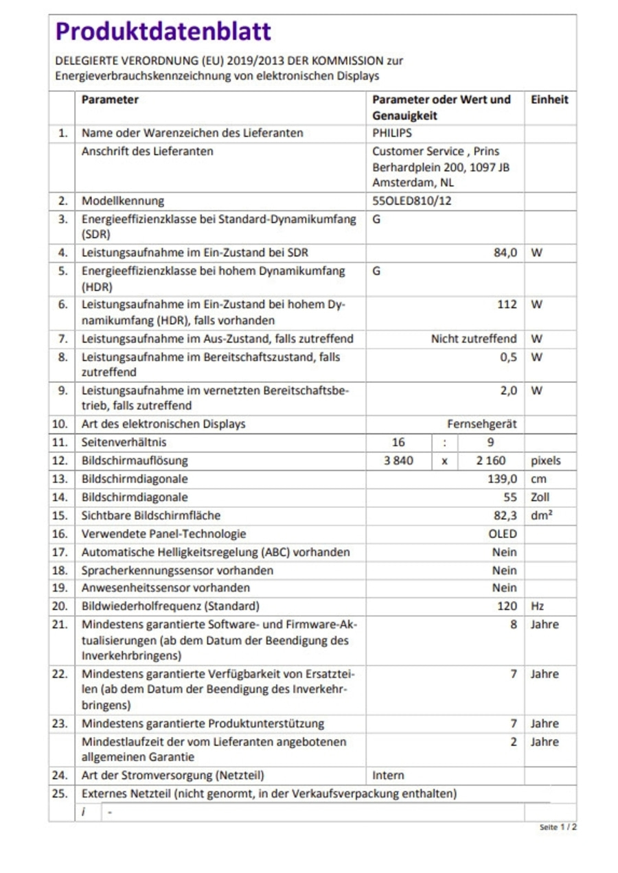 Produktdatenblatt mit technischen Daten zu Energieeffizienz und Bildschirm.