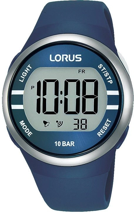 Eine blaue Lorus Digitaluhr mit silbernem Rand und blauem Armband.
