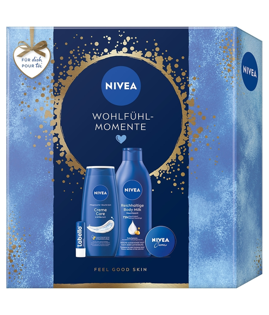 NIVEA Wohlfühl-Momente Geschenkset, Creme Body Milk Pflegedusche Labello