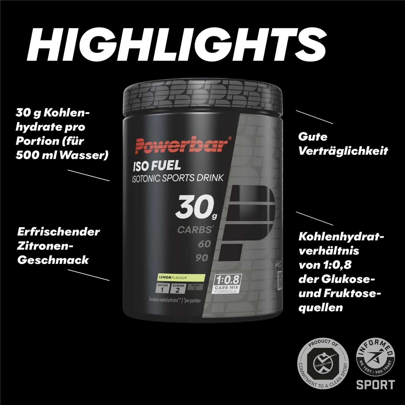Powerbar Iso Fuel mit Kohlenhydrat-Mix, Zitronengeschmack, für Sporternährung.