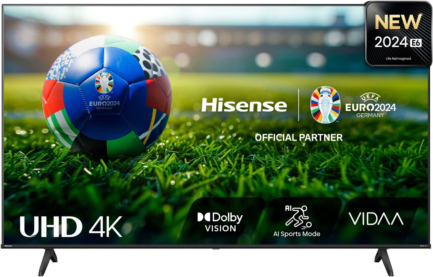 Hisense UHD 4K Fernseher mit Fußballmotiv und UEFA EURO 2024 Logo