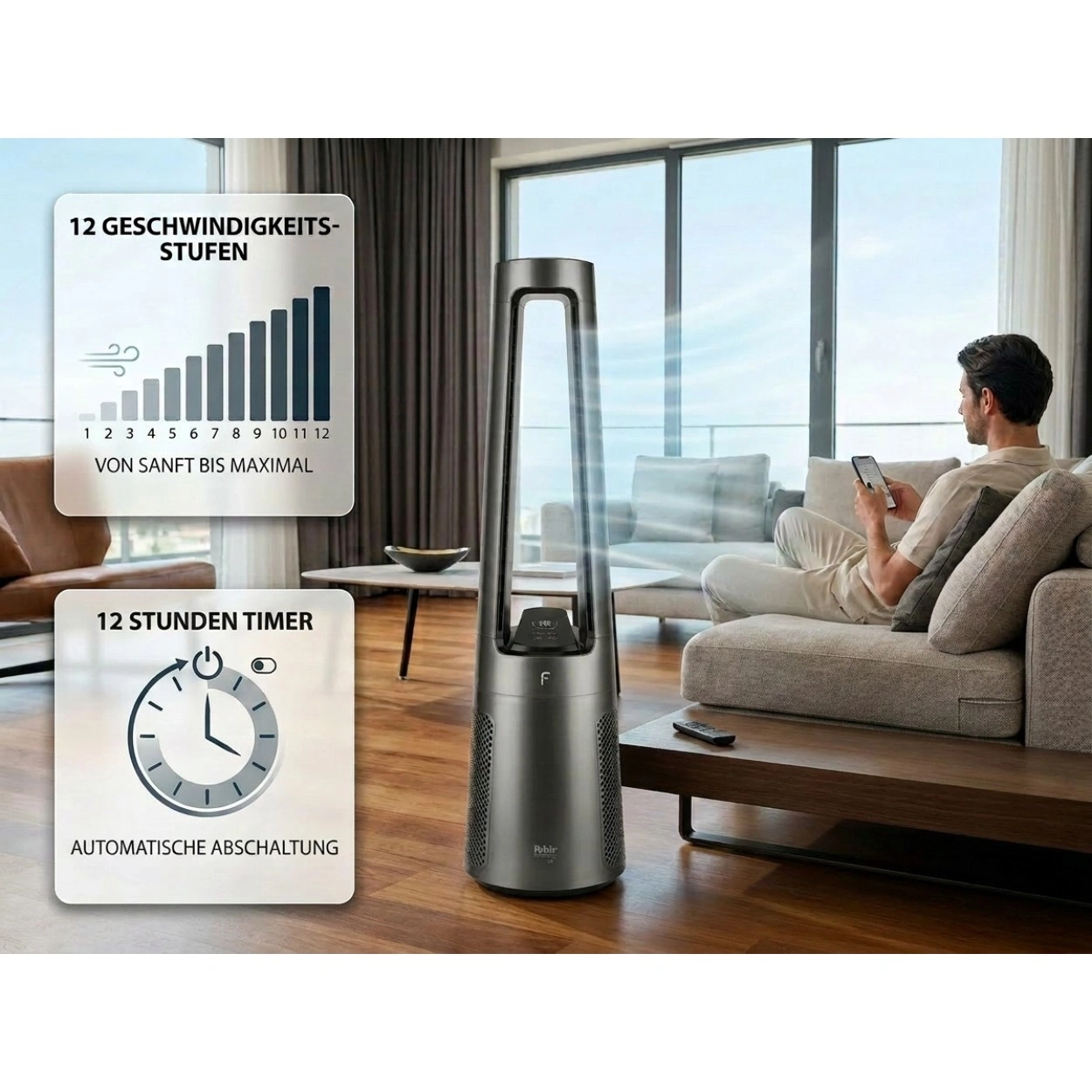 Ein Mann sitzt auf einer Couch und schaut auf sein Handy, während ein Turmventilator in einem modernen Wohnzimmer läuft.