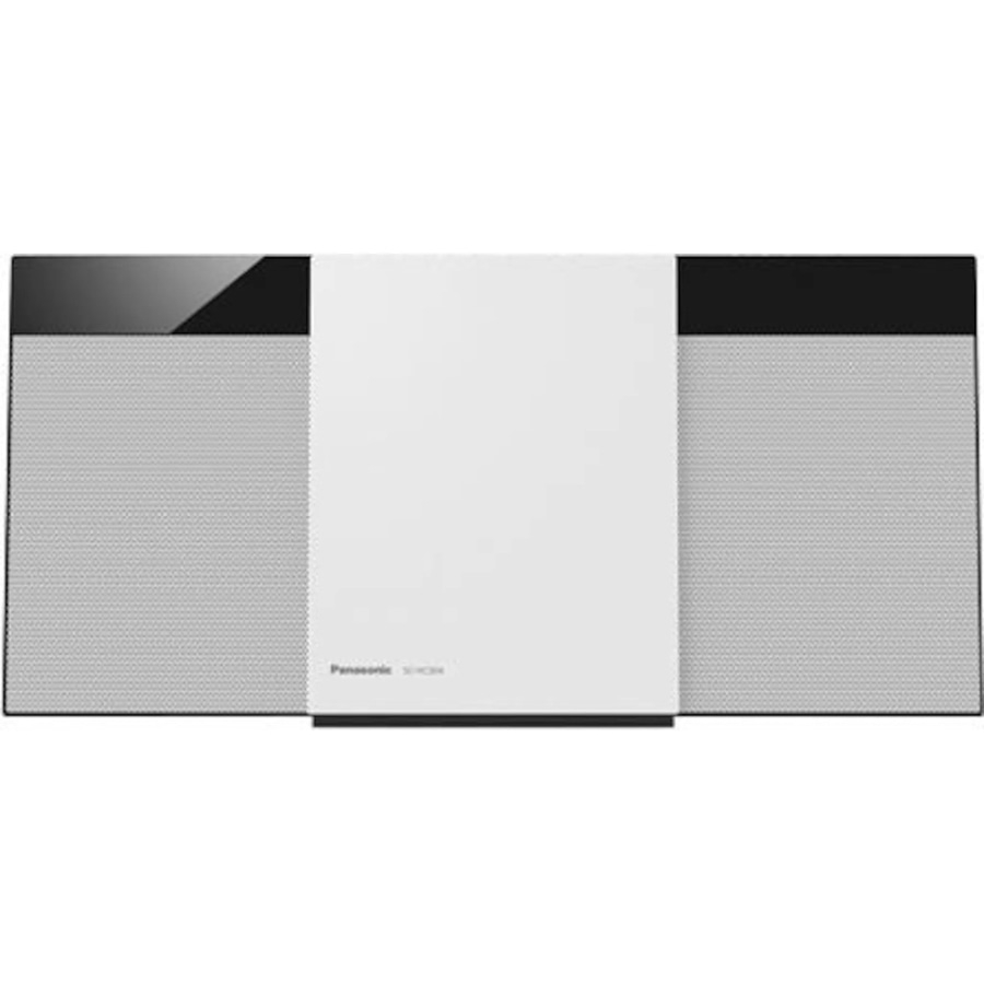 Schwarzes und weißes Panasonic-Audiosystem mit Lautsprechern und einem weißen Mittelteil.