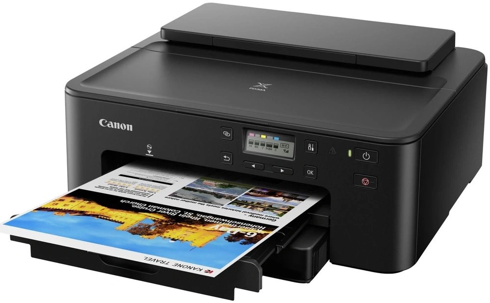 Schwarzer Canon PIXMA Drucker mit Papierausgabe und Bedienfeld.