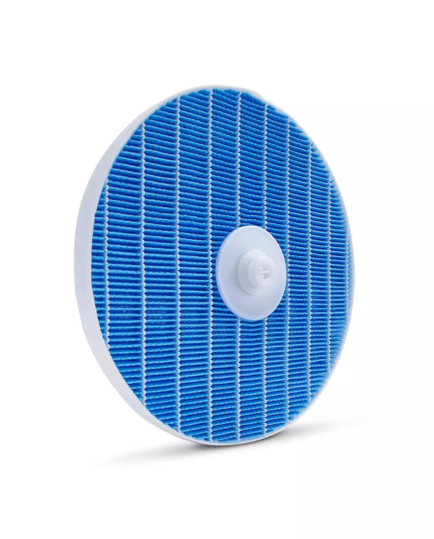 Blauer Filter mit weißem Rand und zentralem Knopf, für Luftreiniger.