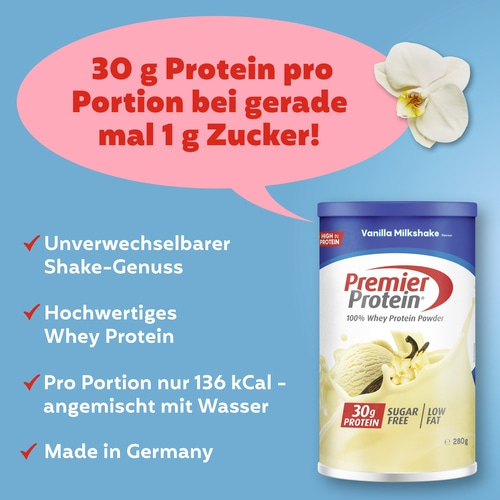 PREMIER PROTEIN Whey 100% Protein Powder Vanilla Milkshake ohne Zucker 6 x 280 g