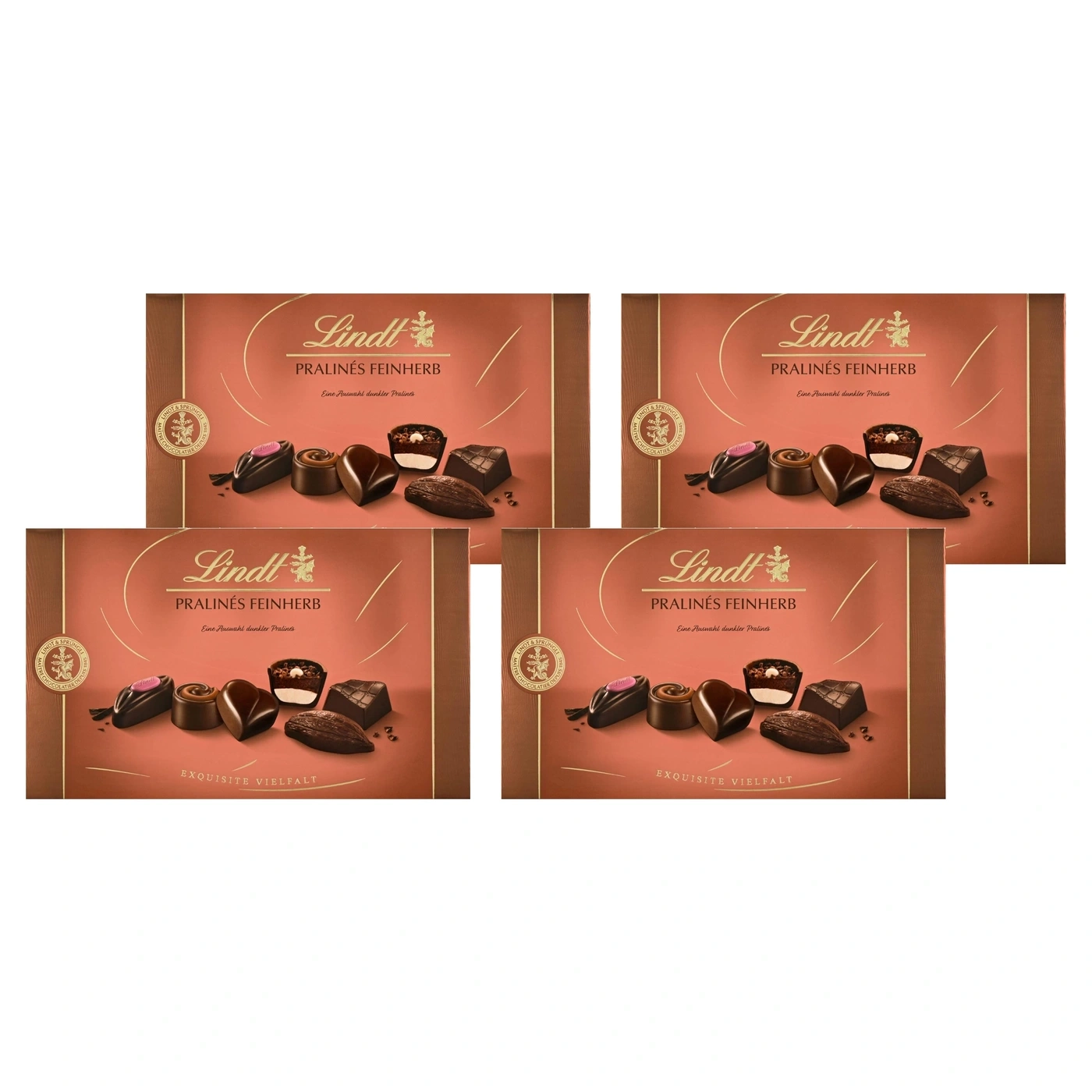 Vier Lindt Pralinés Feinherb Packungen mit dunklen Pralinen.
