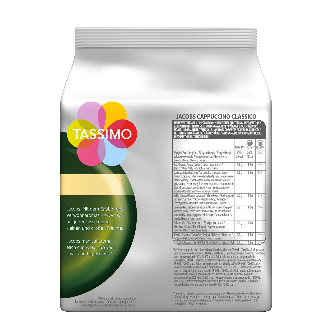 Jacobs Cappuccino Classic Packung. Nährwertangaben, Zutaten, Zubereitung. Kaffeegetränk, Tassimo.