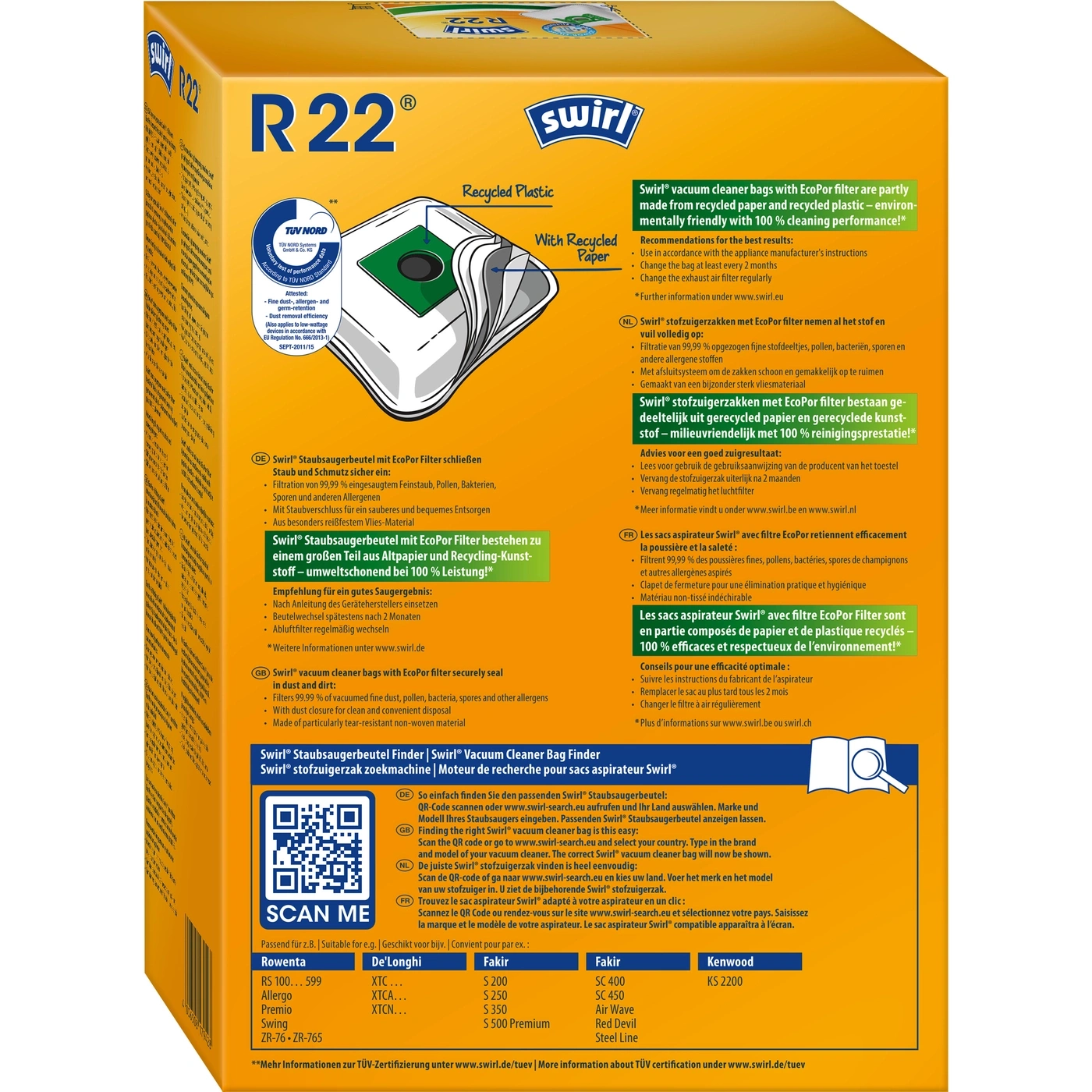 Swirl Staubsaugerbeutel Packung mit QR-Code, Produktinformationen, Marken und Modellen für Staubsauger.