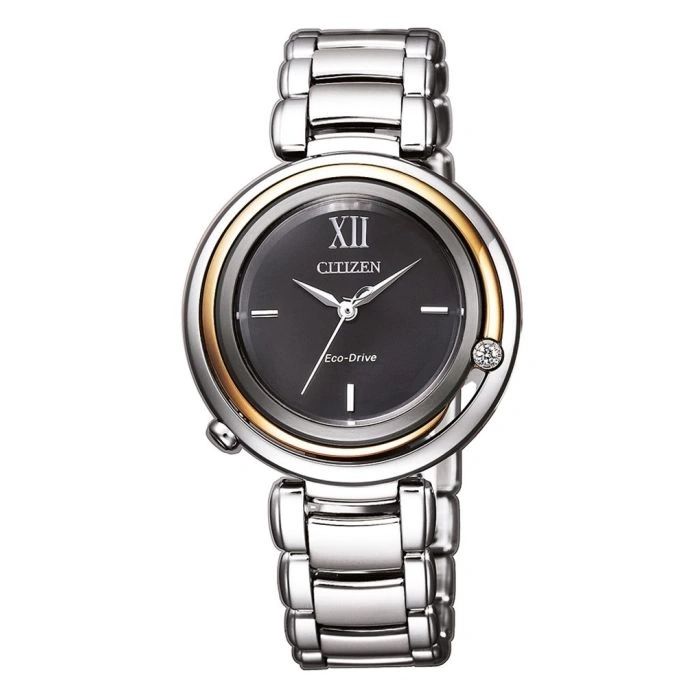 Citizen Damenuhr, silbernes Armband, schwarzes Zifferblatt, Eco-Drive Technologie, elegant