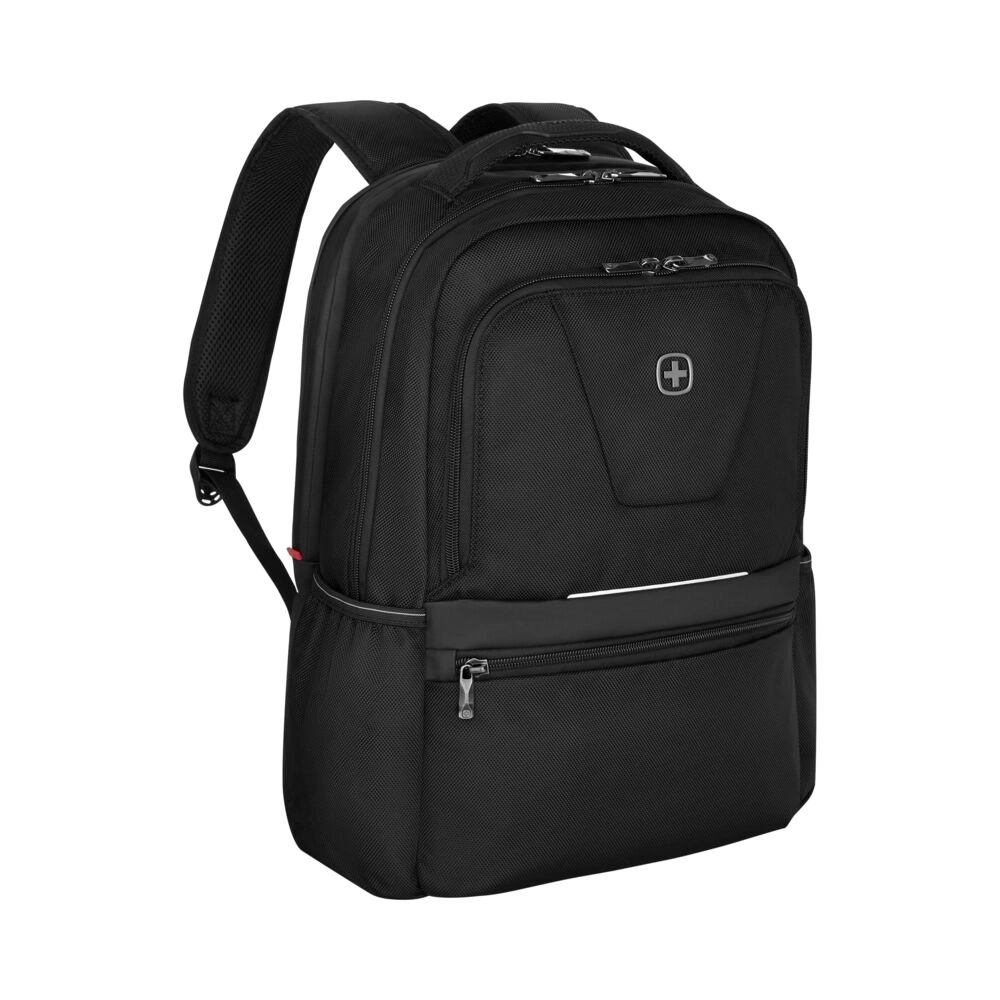 Schwarzer Rucksack mit Reißverschlüssen und Logo, für den Alltag.