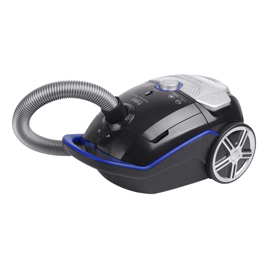 Schwarzer Bodenstaubsauger mit blauem Detail und silbernem Schlauch.