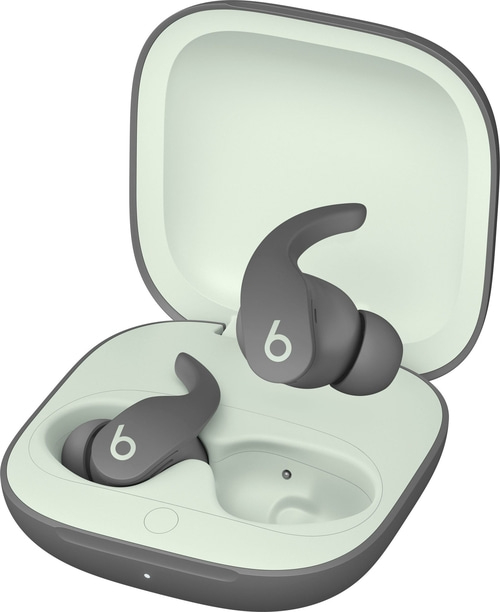 Beats Studio Buds+ in grau mit Ladecase, geöffnet, Nahaufnahme