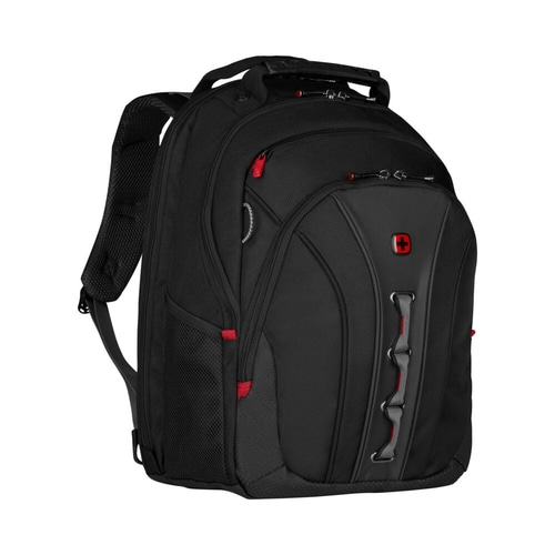 Schwarzer Rucksack mit rotem Akzent und Schweizer Kreuz-Logo