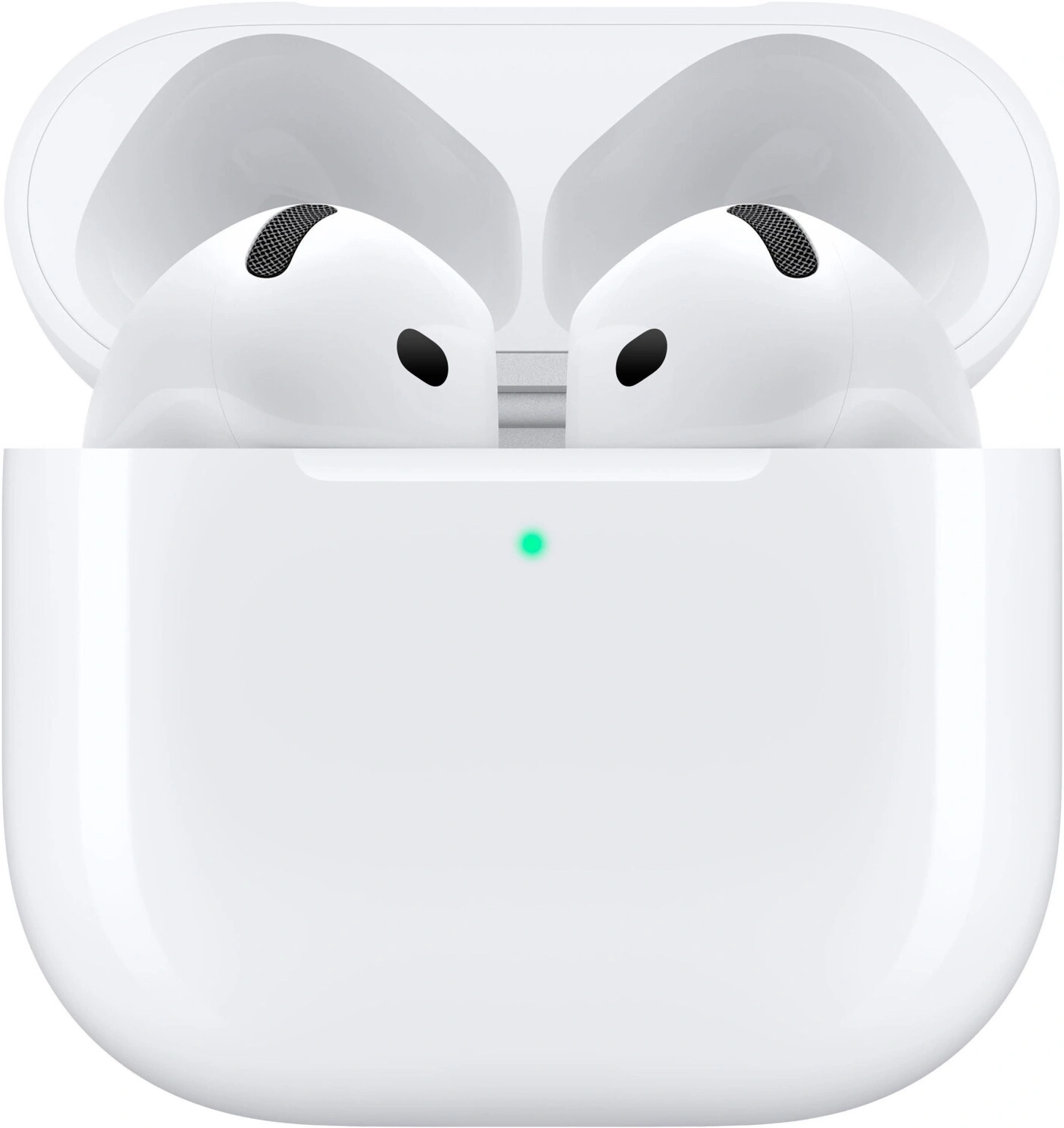 Weiße AirPods Pro in einer geöffneten Ladebox mit grünem Licht.