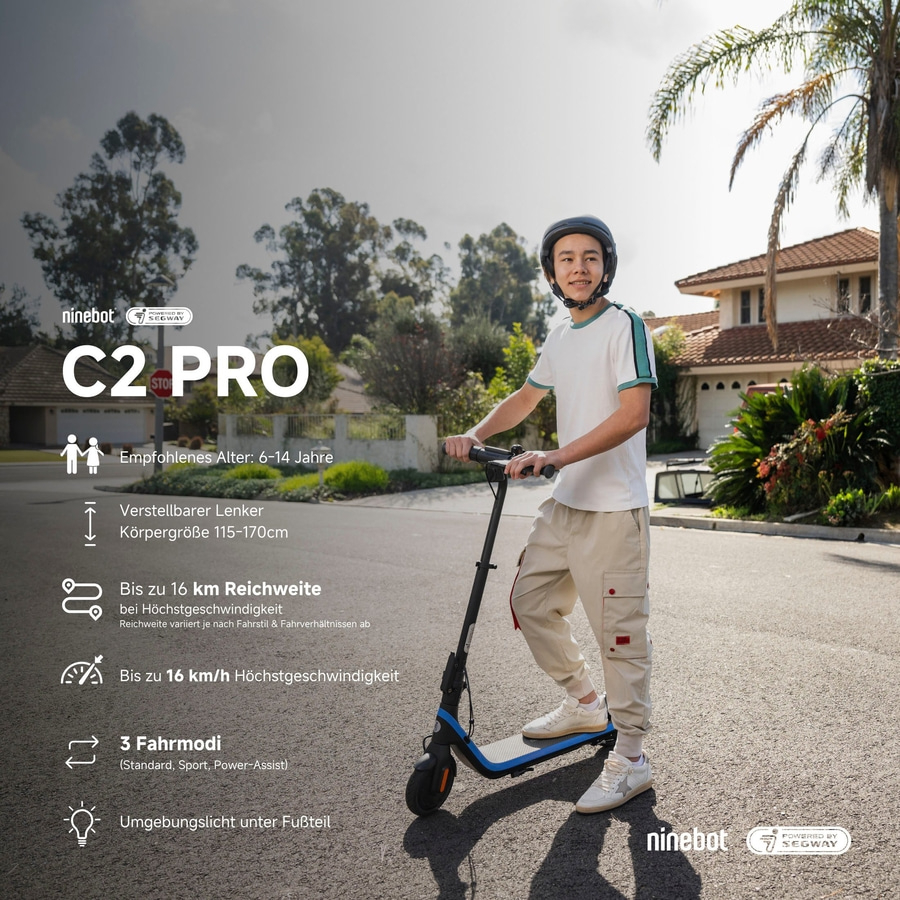 C2 PRO E-Scooter mit Kind, Reichweite, Geschwindigkeit, Fahrmodi und Umgebungslicht