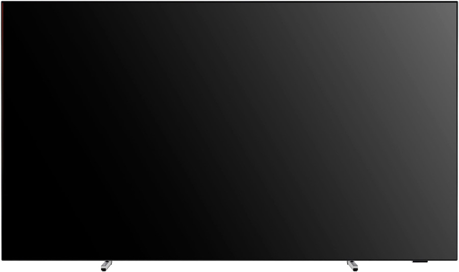 Schwarzer Fernseher mit silbernen Füßen, modernes Design, flacher Bildschirm, elegante Optik, Wohnzimmer