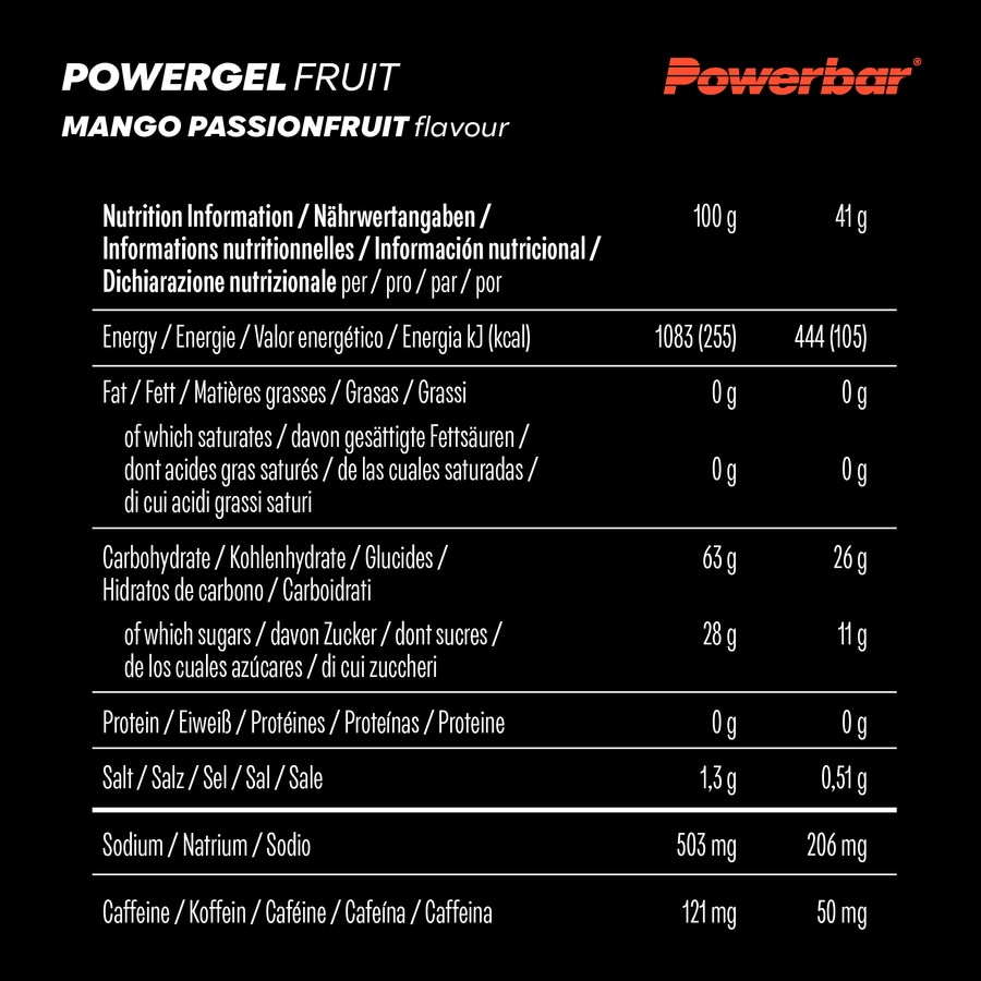 POWERBAR PowerGel Fruit Mango Passionfrucht High Carb Energie Gel Koffein 24x41g