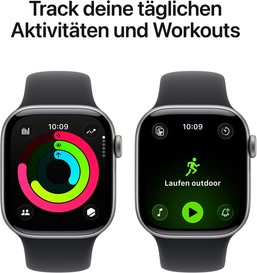 Zwei Apple Watches zeigen Aktivitätsdaten und eine Lauf-App.