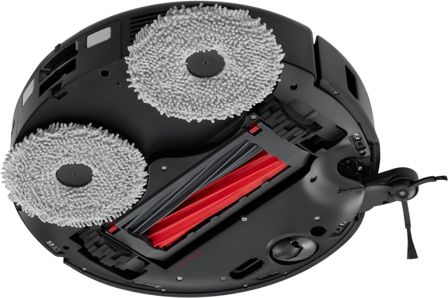 Roboter-Staubsauger mit rotierenden Wischmopps und Bürsten für die Reinigung von Böden.