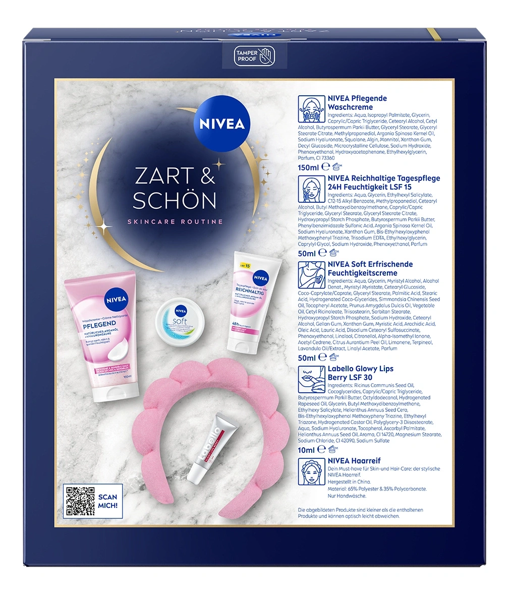 NIVEA "Zart & Schön" Hautpflege-Set mit Gesichtscreme, Waschgel und Haarreif