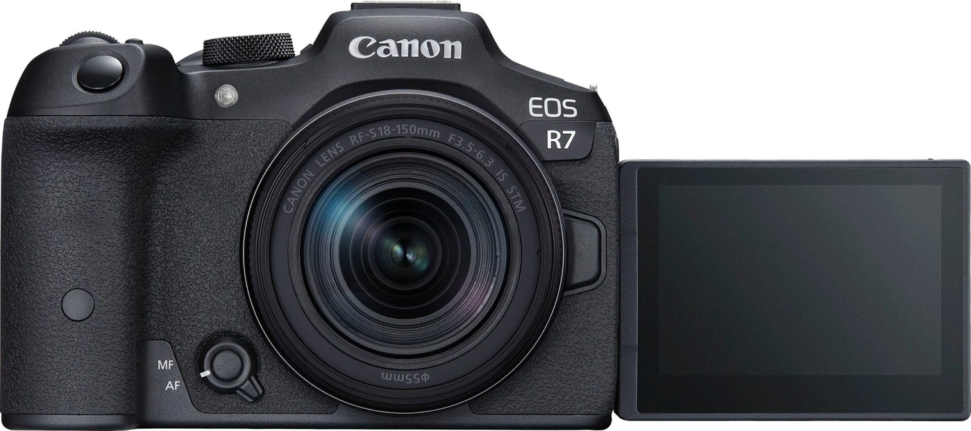 Canon EOS R7 Kamera mit Objektiv und ausklappbarem Bildschirm, schwarz