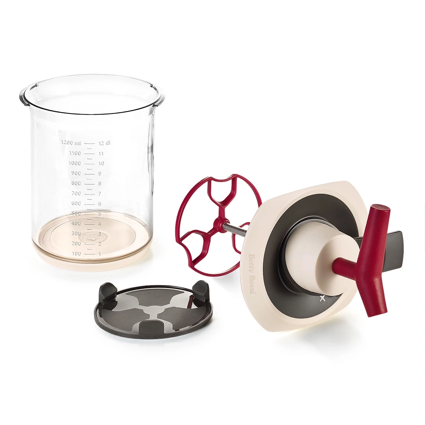 Küchengerät mit Messbecher, rotem Griff und rotem Rührwerk, ideal zum Kochen und Backen.