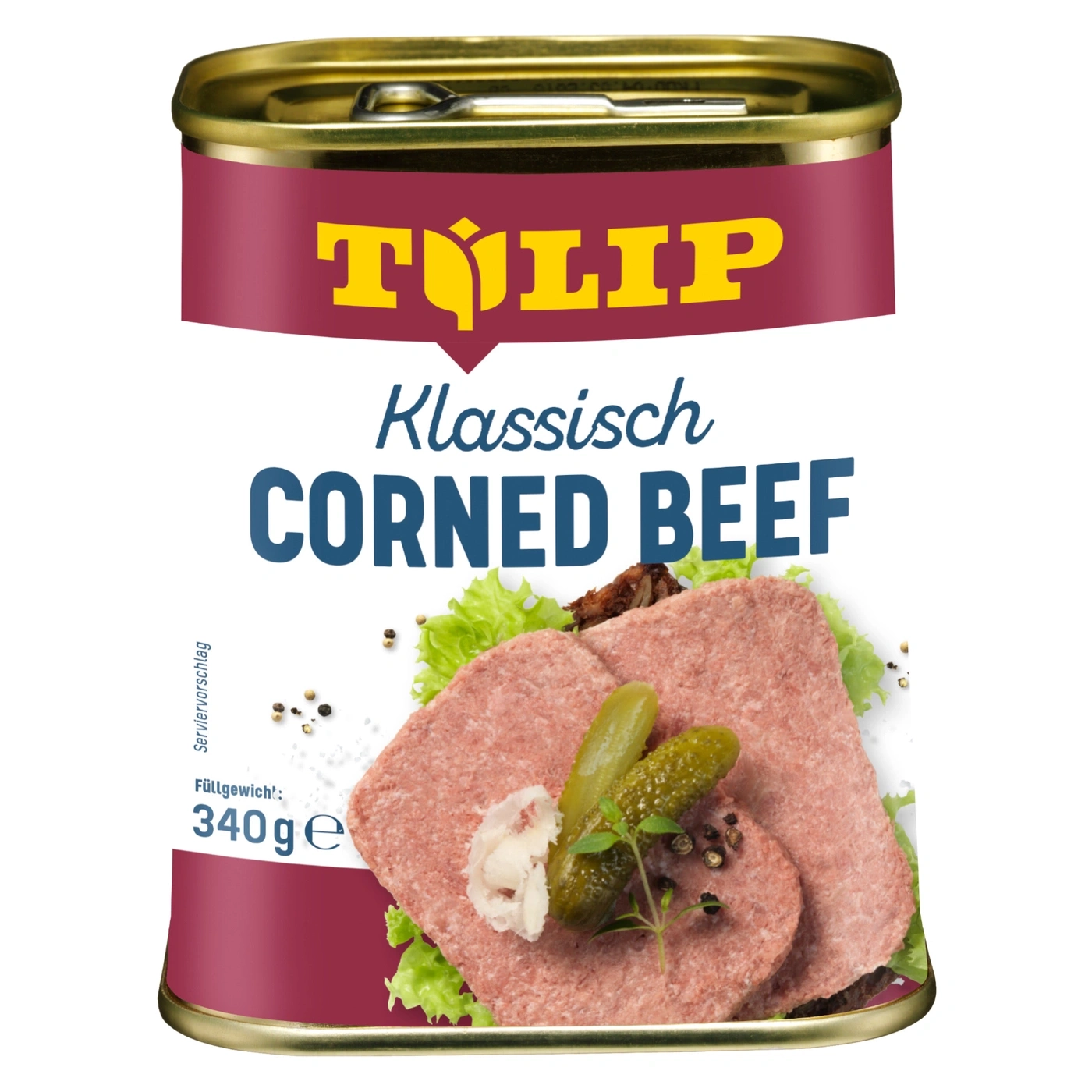 Eine Dose Tulip Klassisch Corned Beef mit Garnitur