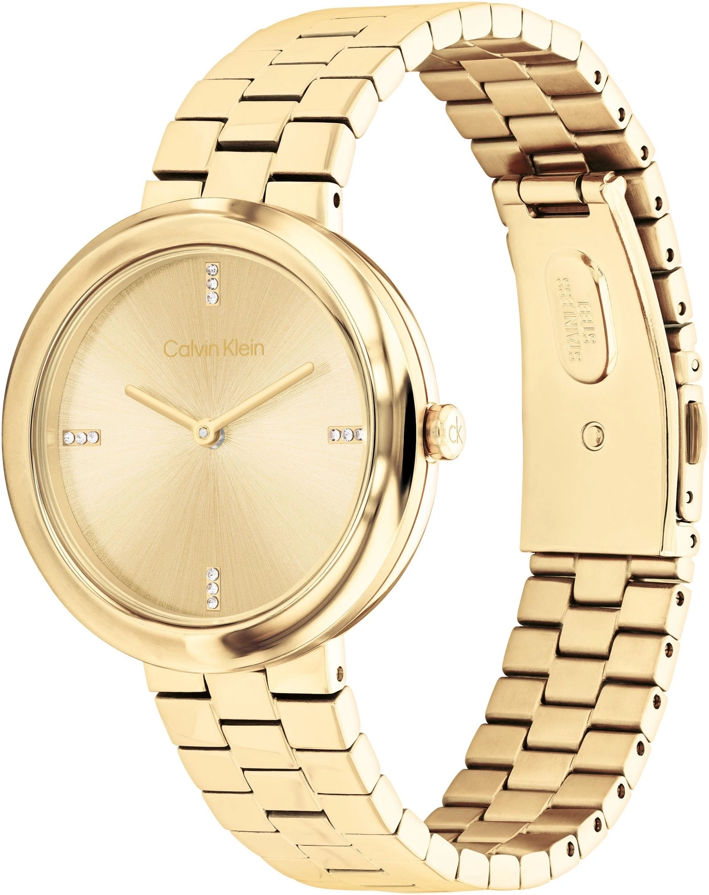 Goldene Calvin Klein Damenuhr mit Glitzersteinen und Edelstahlarmband.