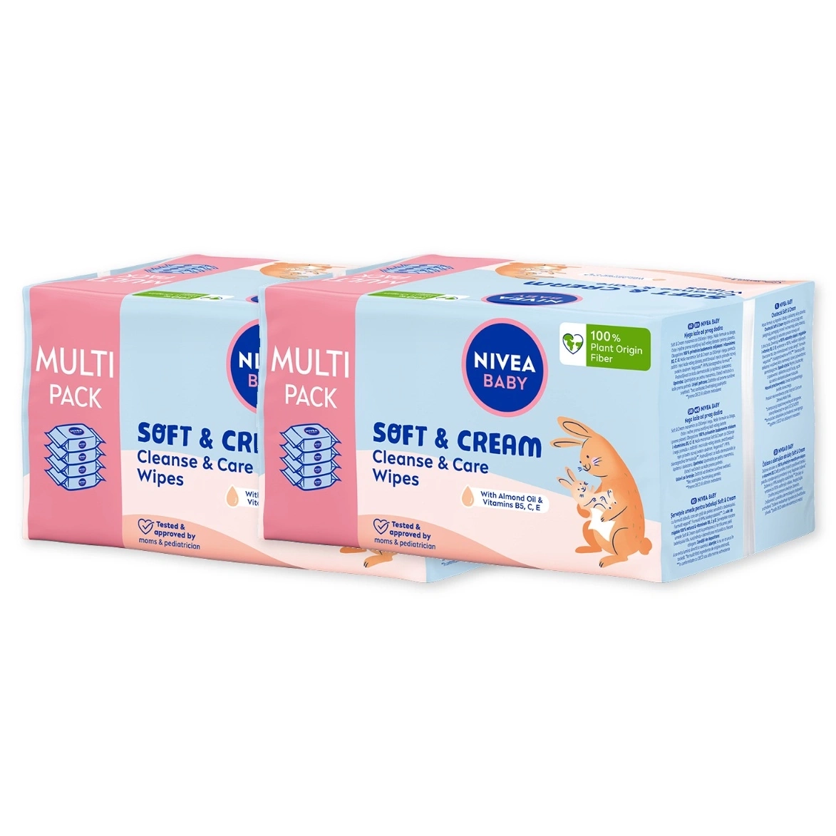 Zwei Packungen Nivea Baby Soft & Cream Reinigungstücher mit Pflanzenfasern.