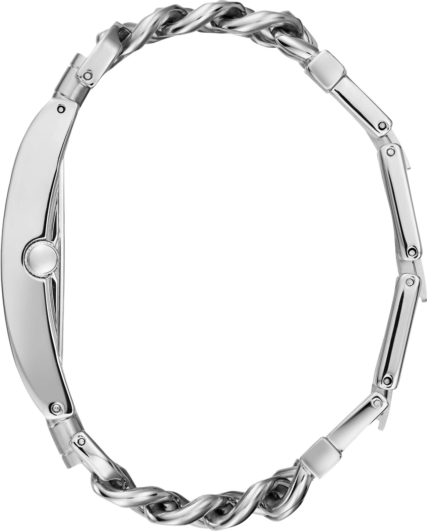 Ein glänzendes Armbanduhr-Armband mit einem verdrehten Kettendesign auf weißem Hintergrund.