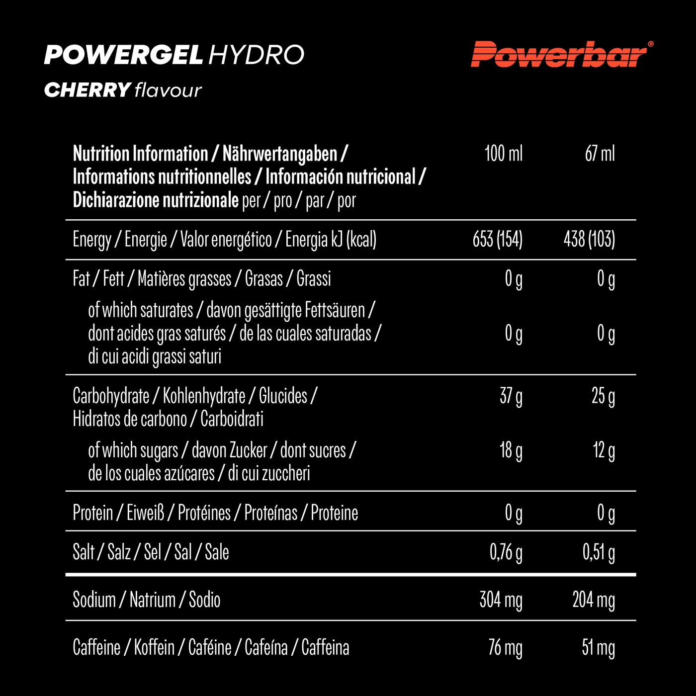 POWERBAR PowerGel Hydro Cherry High Carb Energie Gel Natrium Koffein 24 x 67 ml