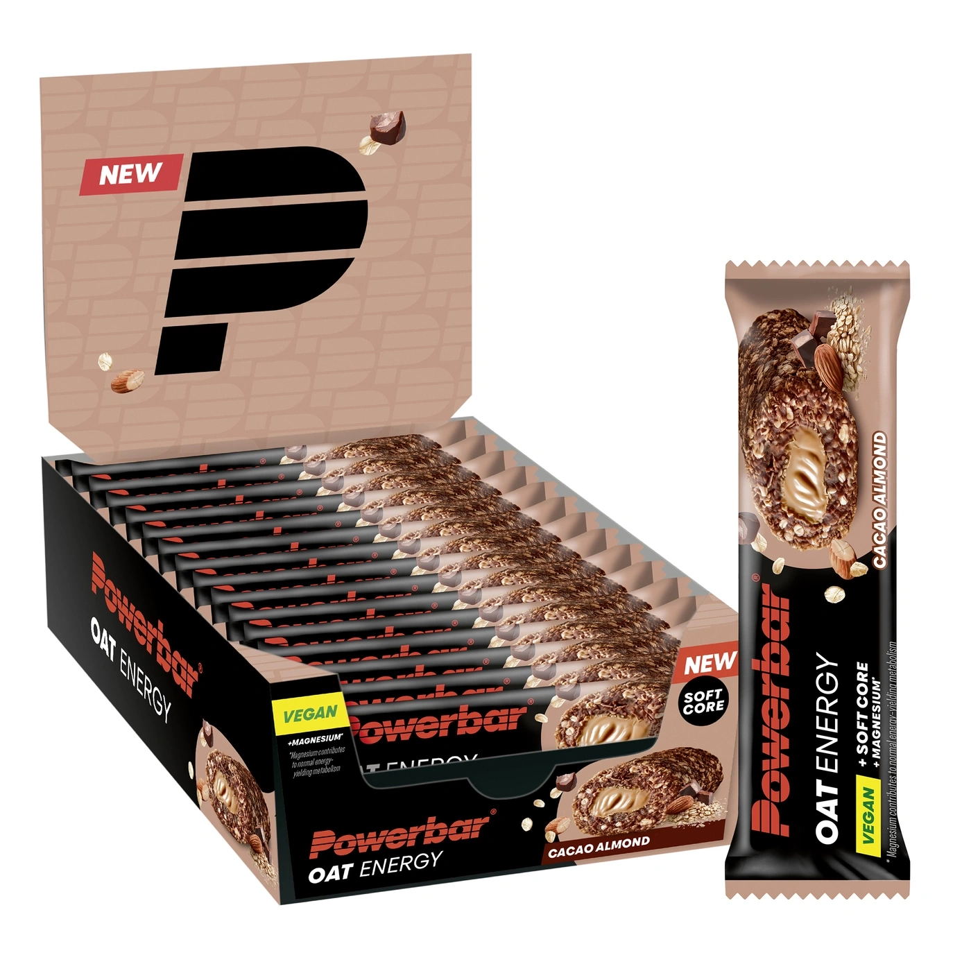 Neue Powerbar Haferriegel mit Kakao-Mandel-Geschmack, vegan.
