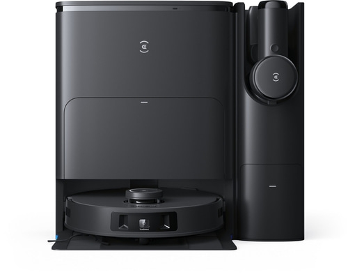 Schwarzer Roboter-Staubsauger mit Ladestation und TrueDetect-Technologie.