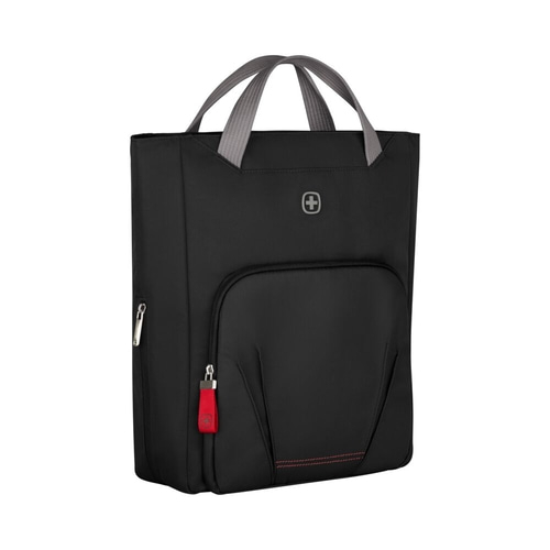 Schwarze Tasche mit rotem Reißverschluss und grauem Griff, Schweizer Kreuz