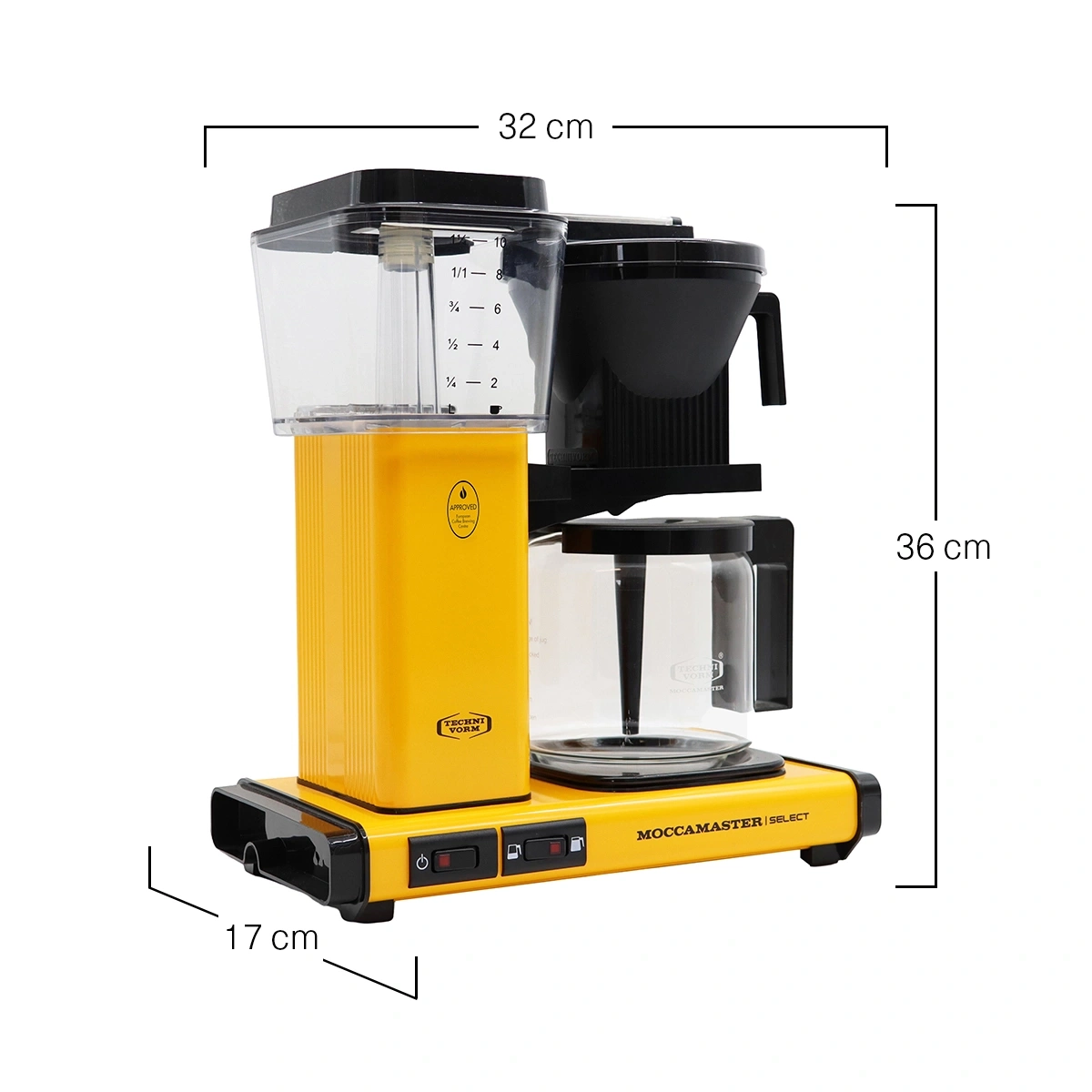 Eine gelbe Moccamaster Kaffeemaschine mit den Maßen 32x36x17cm.