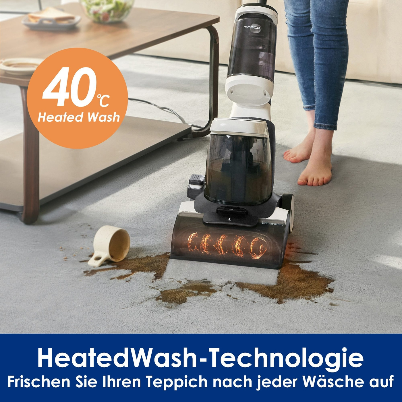 HeatedWash-Technologie, 40°C, Teppichreiniger, Fleckenentfernung, Reinigung, Haushalt, Sauberkeit, Wäsche, Tineco