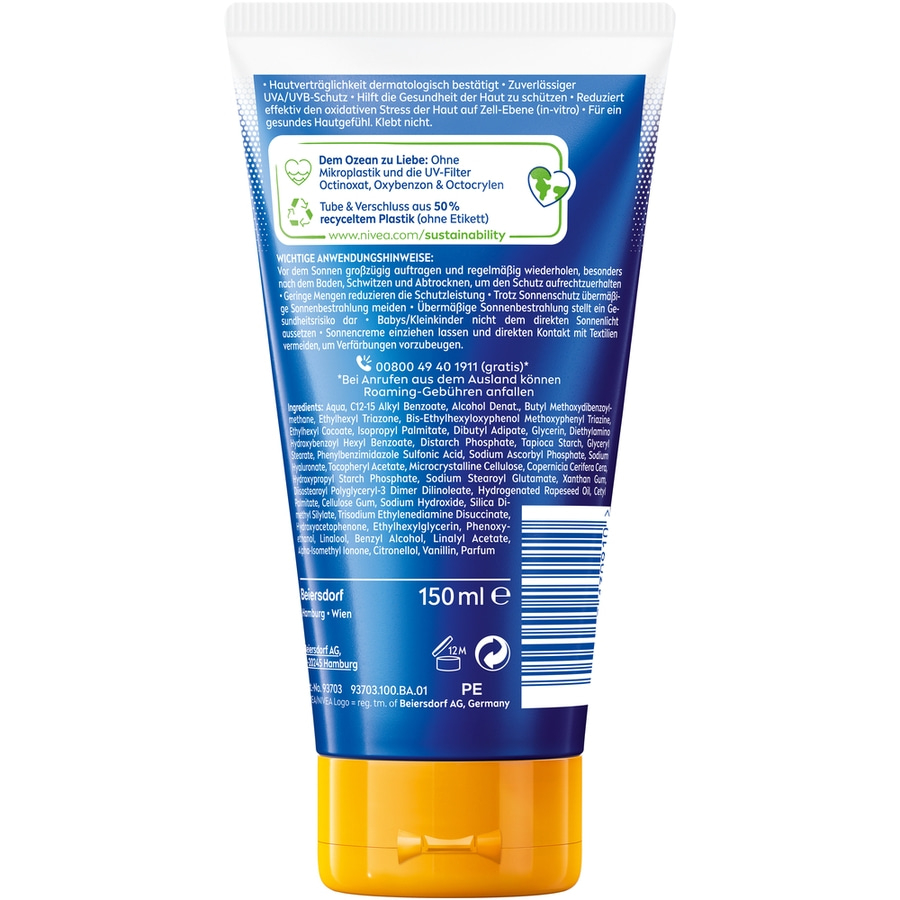Sonnencreme-Tube mit Text, Inhaltsstoffen und Umweltinformationen, 150 ml, 12M, PE