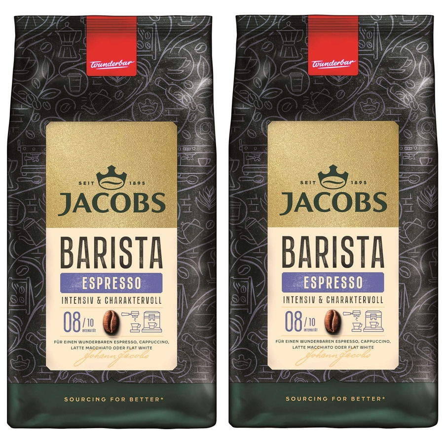 Zwei Jacobs Barista Espresso Kaffeepackungen mit rotem Wunderbar-Logo.