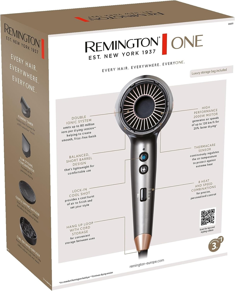 REMINGTON Haartrockner D6077 ONE Dry&Style Ionentechnik 4 Aufsätze 120km/h 2000W