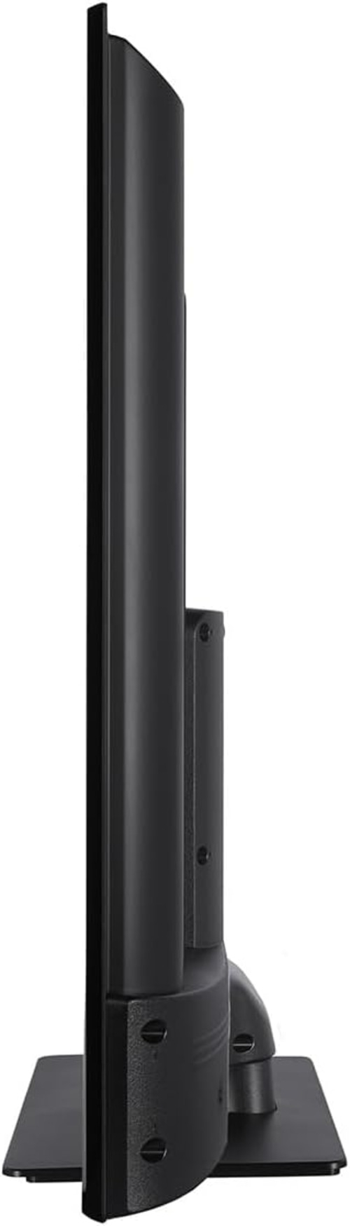 Schwarzer Fernseher, Seitenansicht, schlankes Design, rechteckiger Standfuß, modernes Gerät, Technologie