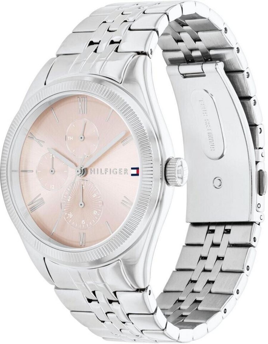 Silberne Tommy Hilfiger Uhr mit rosafarbenem Zifferblatt und Armband