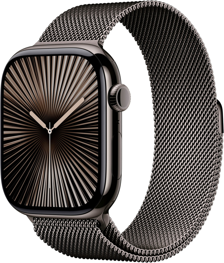 Schwarze Apple Watch mit Milanaise-Armband, Nahaufnahme, elegantes Design, Technologie