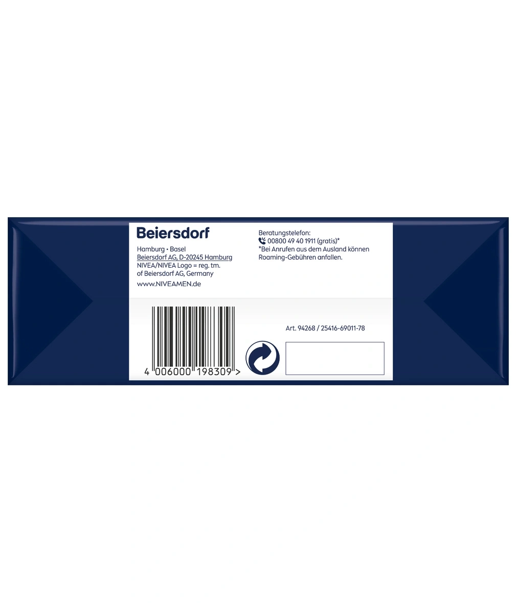 Beiersdorf, Hamburg-Basel, NIVEA LOGO, Beratungs telefon 00800 49 40 19 11, www.NIVEAMEN.de, barcode, recycling symbol