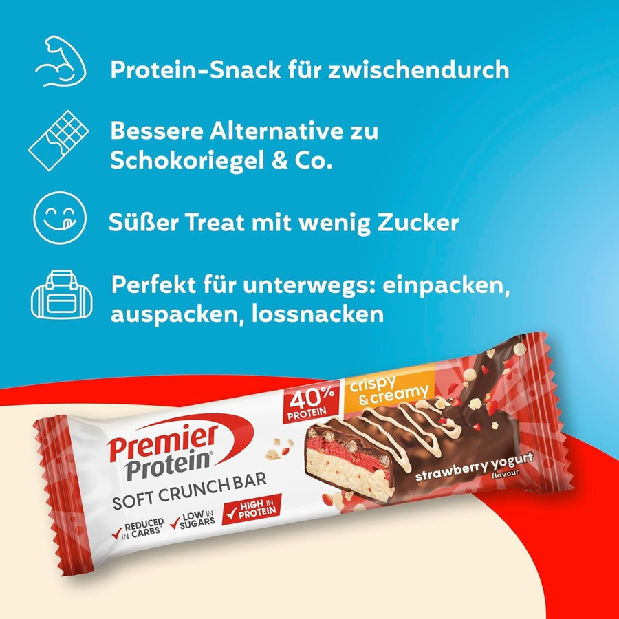 Premier Protein Soft Crunch Bar Strawberry Yogurt mit 40% Protein.
