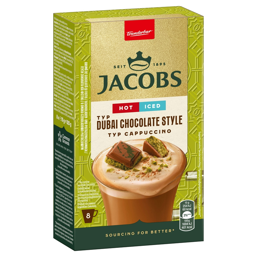 Jacobs Dubai Chocolate Style Cappuccino. Heiß und kalt. 8 Beutel. Sourcing for Better.