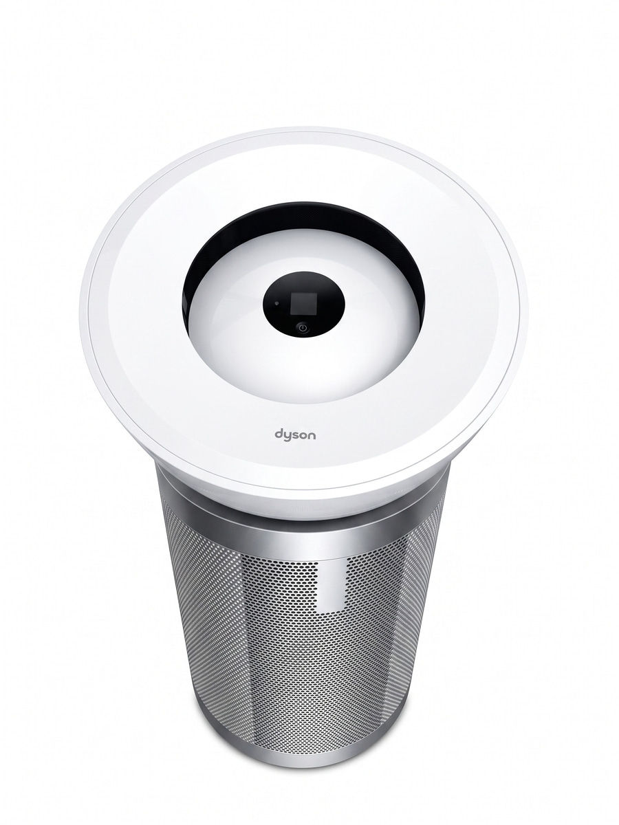 Moderner Dyson Luftreiniger mit silbernem Gitterdesign und weißem Oberteil.