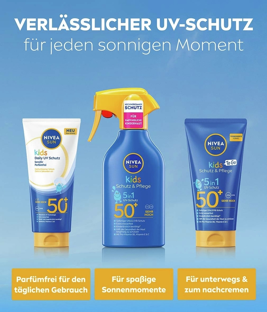 Nivea Sun Kids Sonnenschutzmittel mit hohem LSF 50+ für empfindliche Kinderhaut.