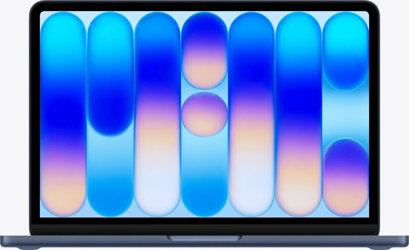 Ein blauer Laptop mit einem bunten abstrakten Hintergrundbild.
